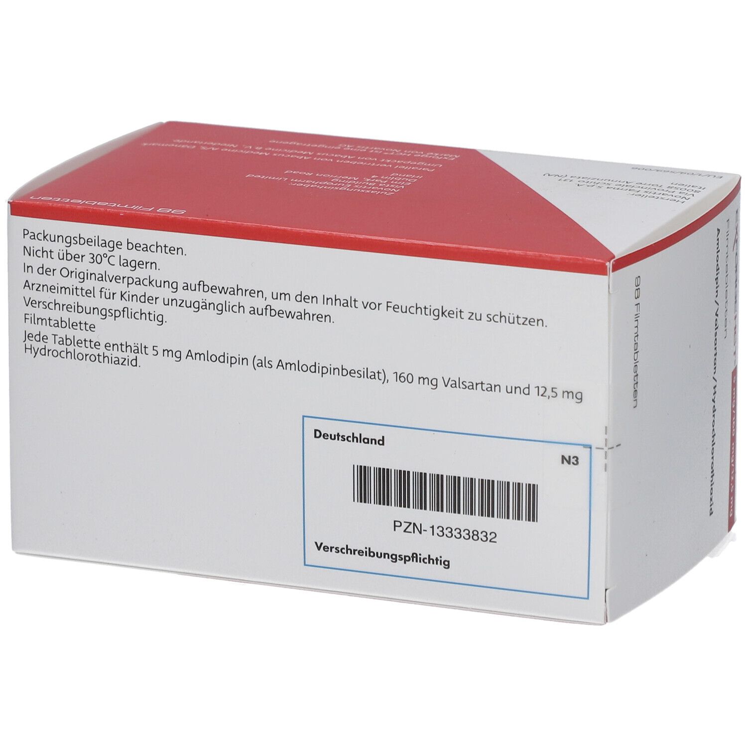 Rückseite der Medikamentenverpackung. Enthält Informationen und Barcode. Aufschrift: PZN-13333832. Hersteller: Novartis. Text in deutscher Sprache.