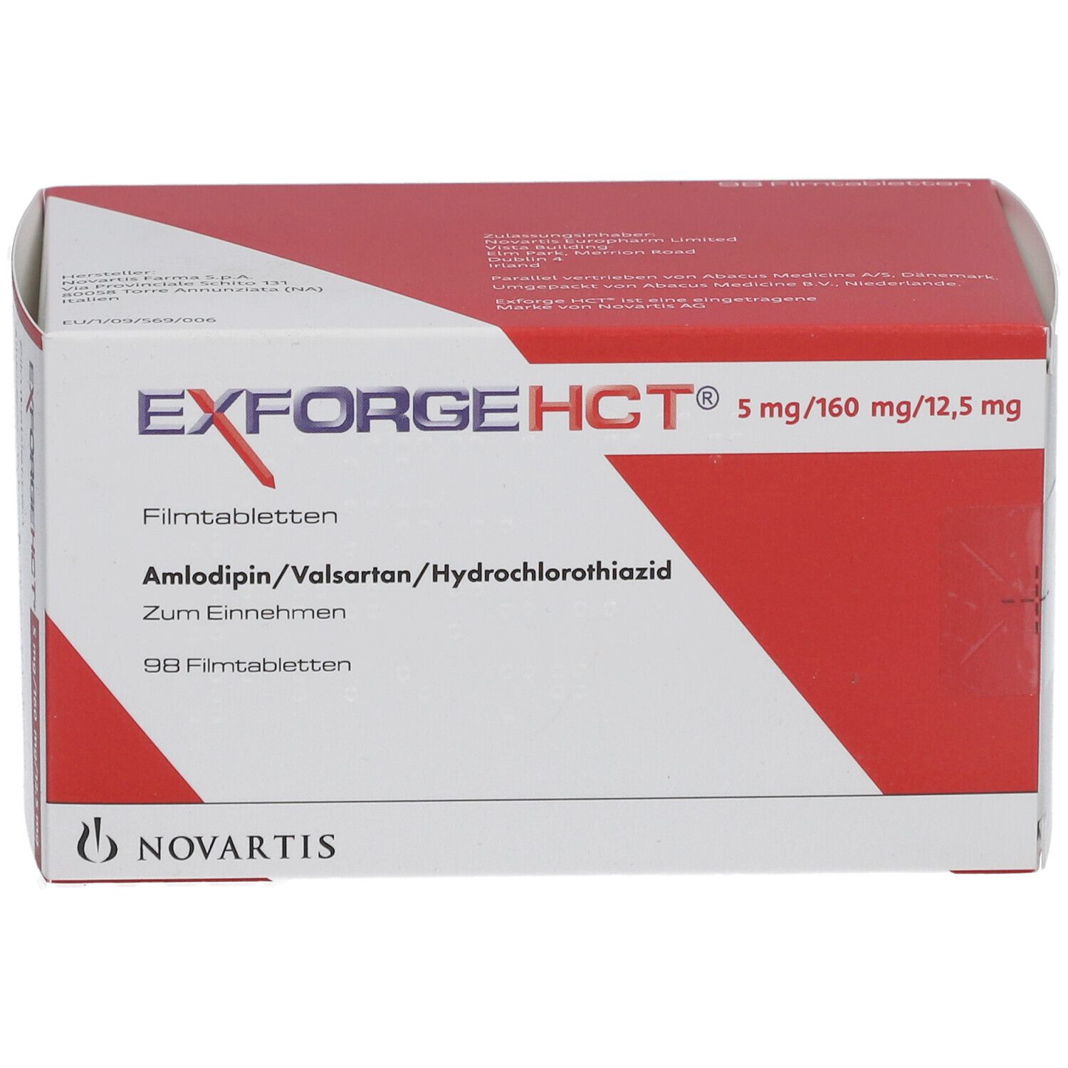 Medikamentenverpackung, weiß mit rotem Deckel. Aufschrift: EXFORGE HCT 5 mg/160 mg/12,5 mg. Novartis Logo. Enthält 98 Filmtabletten.