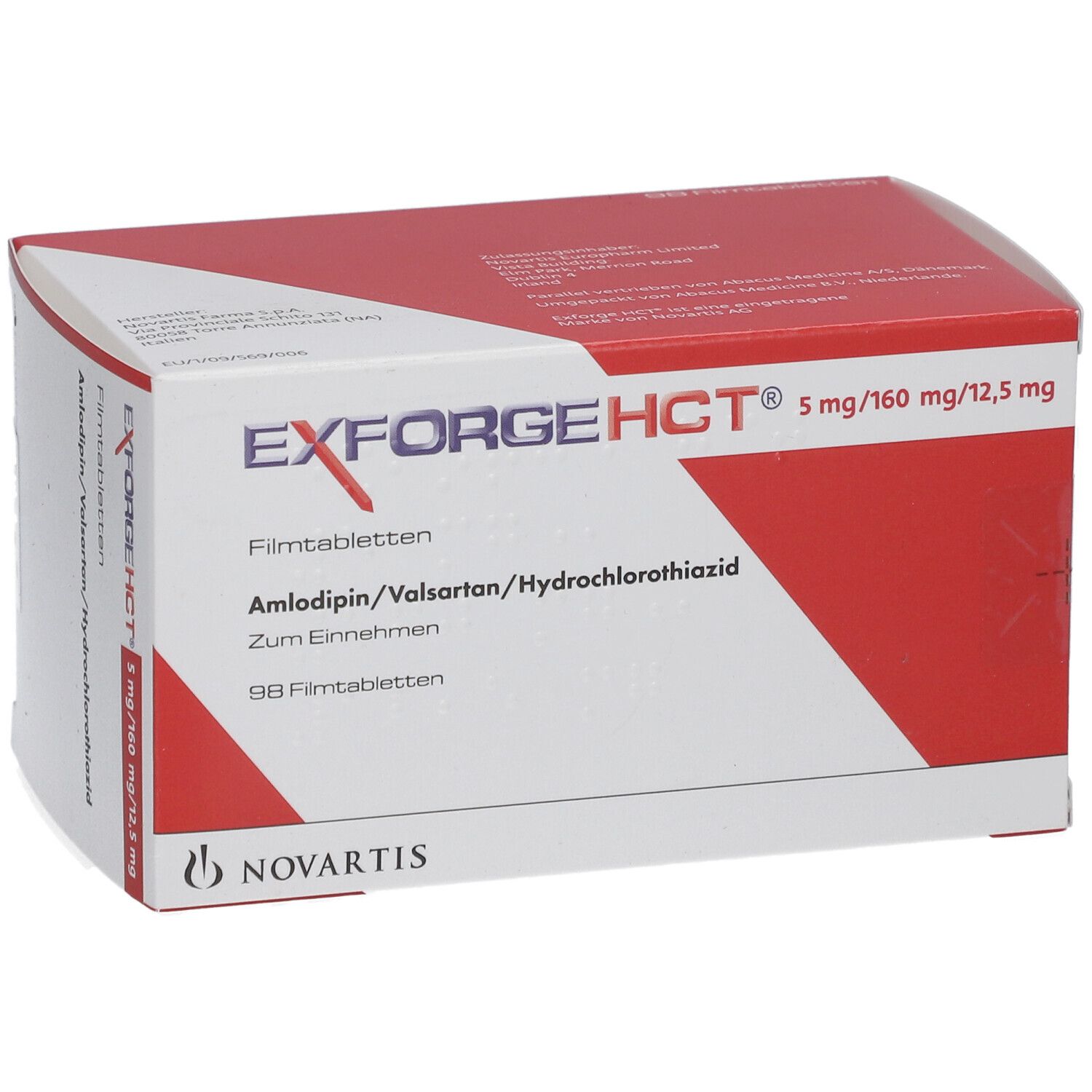 Medikamentenverpackung, weiß mit rotem Deckel. Aufschrift: EXFORGE HCT 5 mg/160 mg/12,5 mg. Novartis Logo. Enthält 98 Filmtabletten.