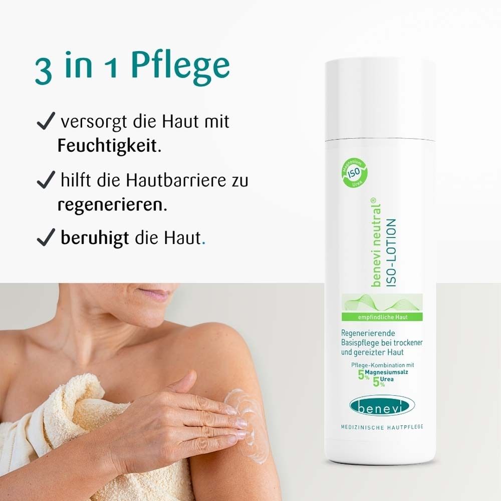 Text mit Stichpunkten zu Vorteilen. Daneben Frau, die Lotion auf Arm aufträgt. Flasche.