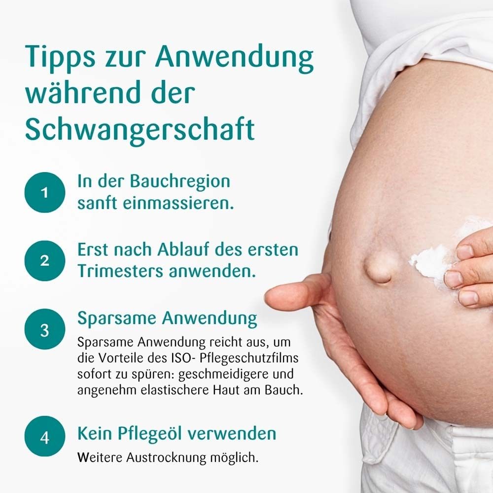 Text mit Tipps zur Anwendung während der Schwangerschaft. Frau trägt Lotion auf Bauch auf.