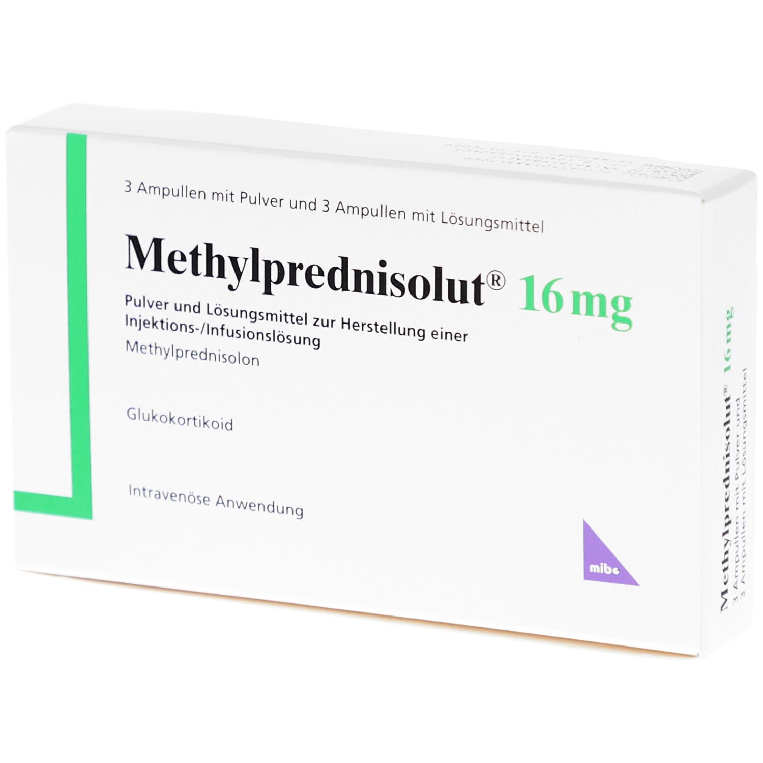 Weißer Karton mit grünen Akzenten. Aufschrift: Methylprednisolut 16 mg. Enthält 3 Ampullen mit Pulver und 3 mit Lösungsmittel.