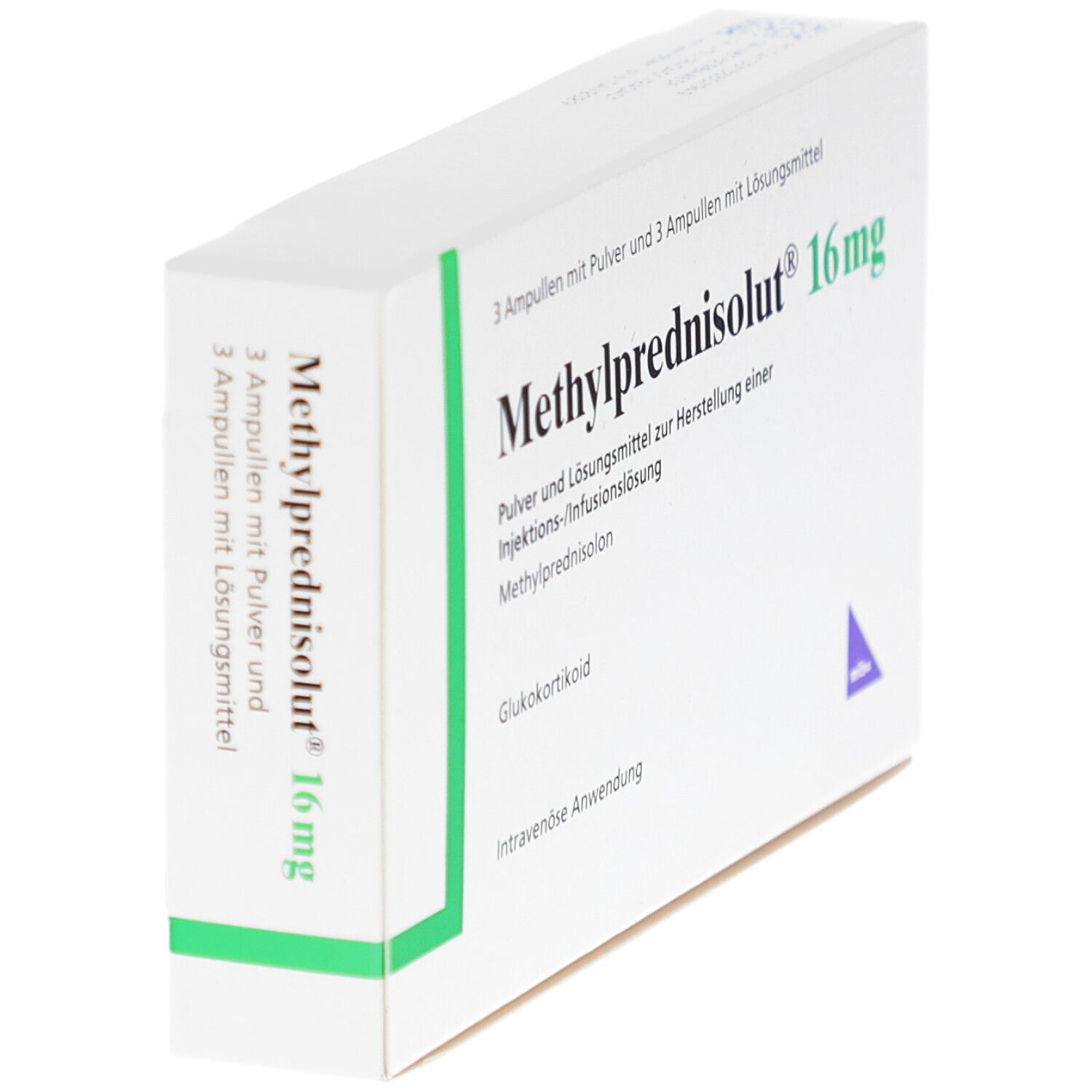 Schräg stehende weiße Schachtel mit grünen Akzenten. Aufschrift: Methylprednisolut 16 mg. 3 Ampullen mit Pulver und 3 mit Lösungsmittel.
