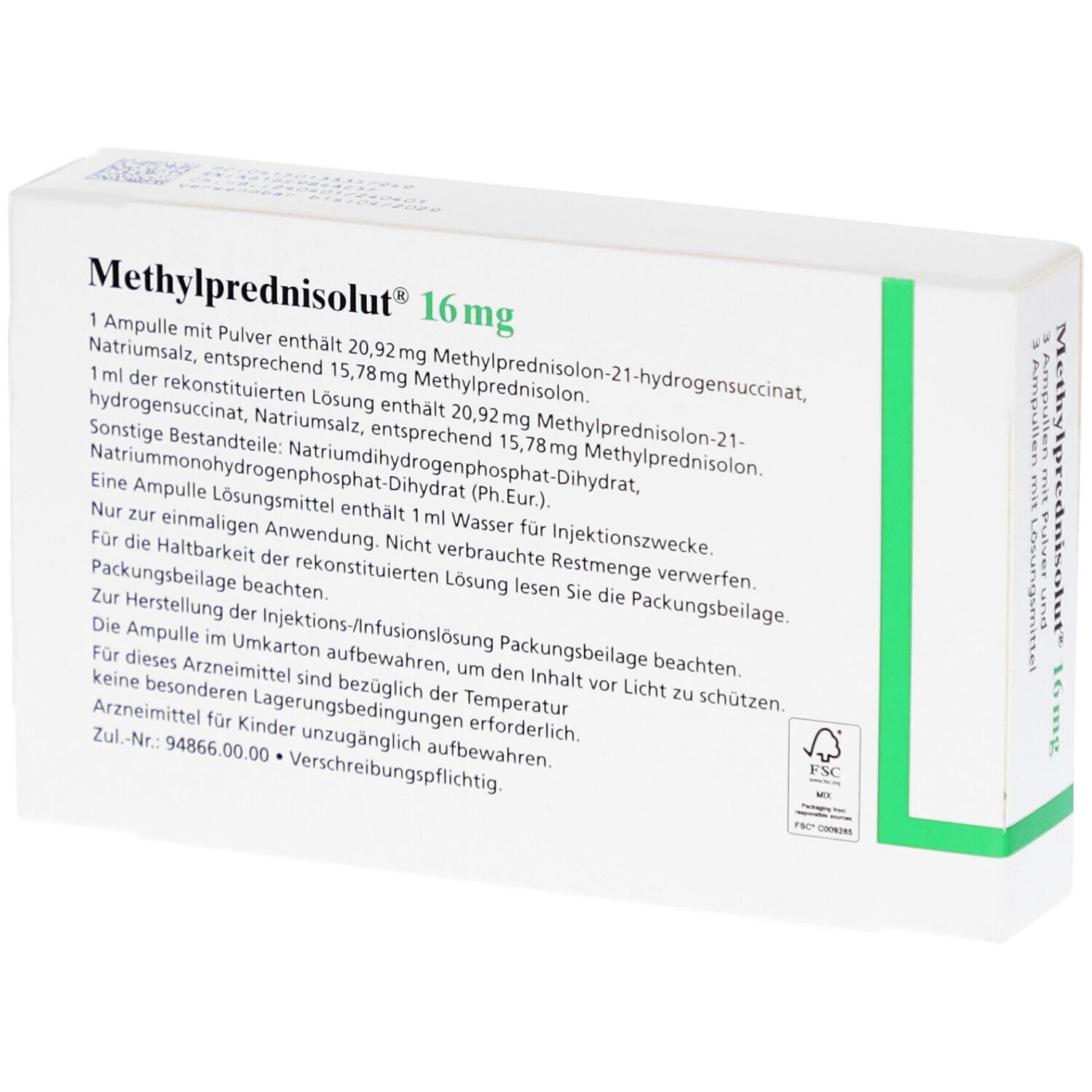 Rückseite der weißen Schachtel. Text: Inhaltsstoffe, Anwendungshinweise, Chargennummer. Grün und lila Akzente. Methylprednisolut 16 mg.
