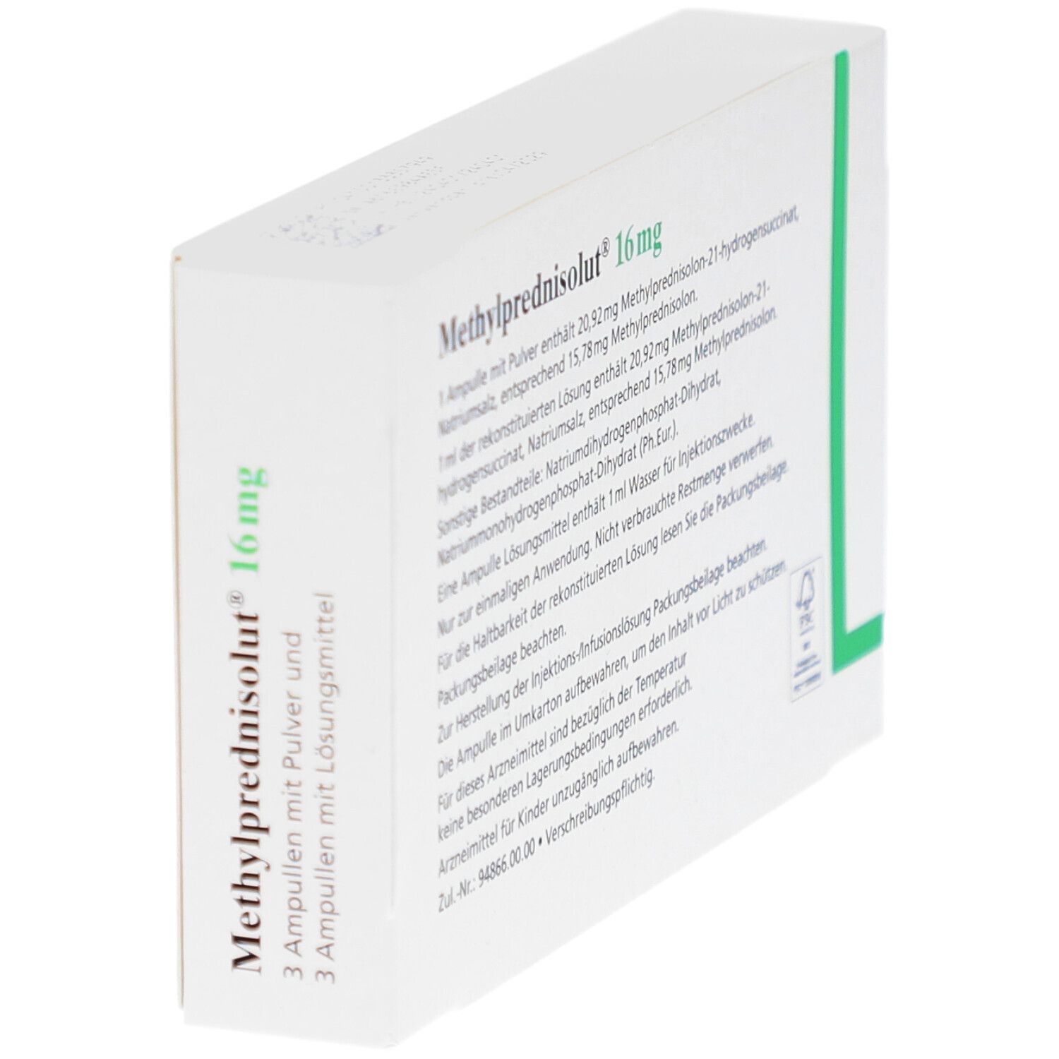Schräg stehende weiße Schachtel. Rückseite mit Text. Methylprednisolut 16 mg. 3 Ampullen mit Pulver und 3 mit Lösungsmittel.
