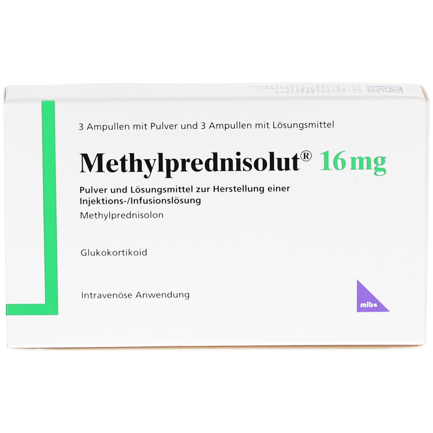 Weiße Schachtel mit grünen Akzenten. Aufschrift: Methylprednisolut 16 mg. Enthält 3 Ampullen mit Pulver und 3 mit Lösungsmittel.