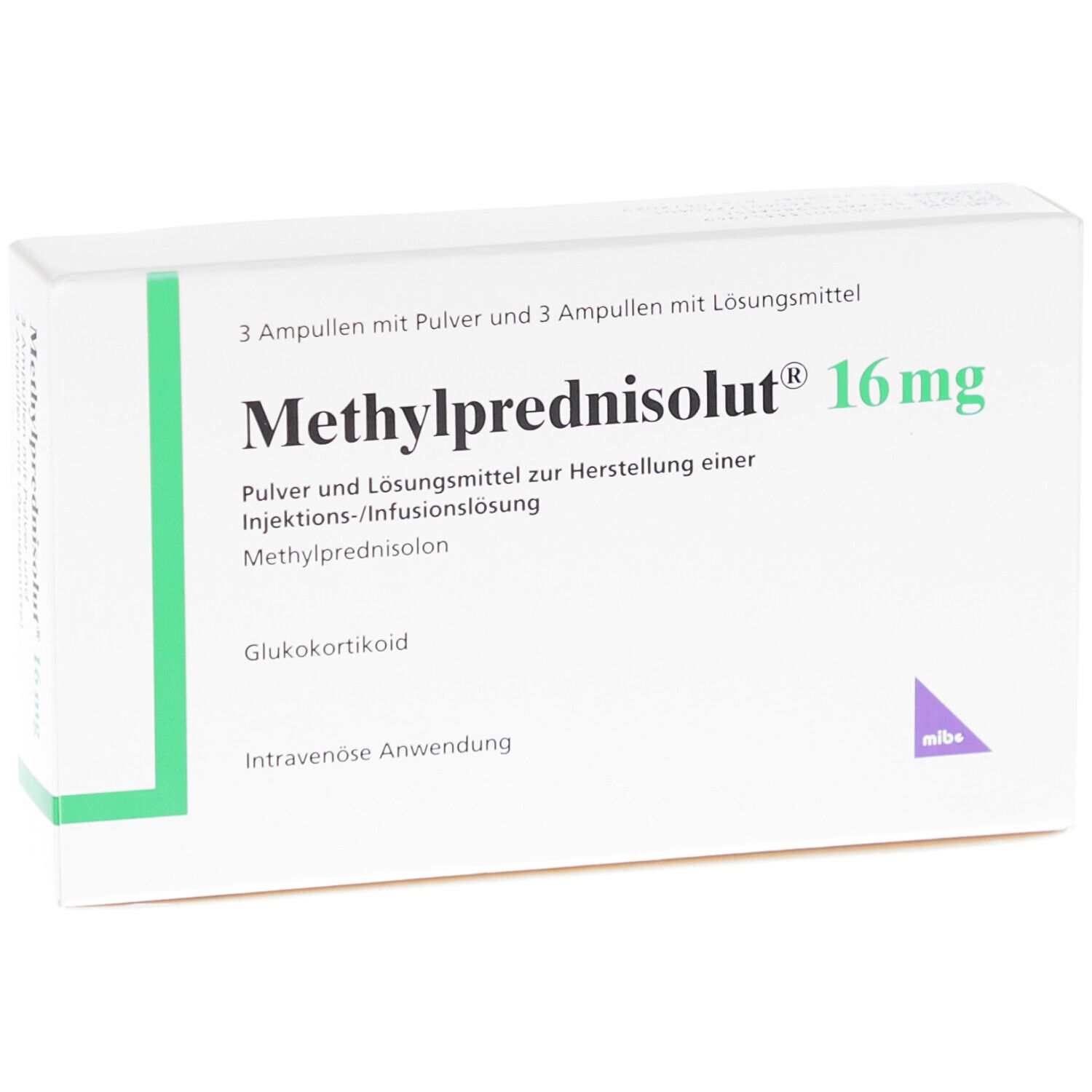 Weiße Schachtel mit grünen Akzenten. Aufschrift: Methylprednisolut 16 mg. Enthält 3 Ampullen mit Pulver und 3 mit Lösungsmittel.