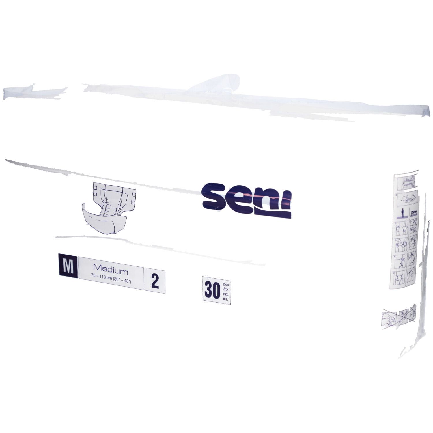 Verpackung Seni Classic Basic Inkontinenzhose. Größe M, 30 Stück. Seni-Logo und Produktabbildung.