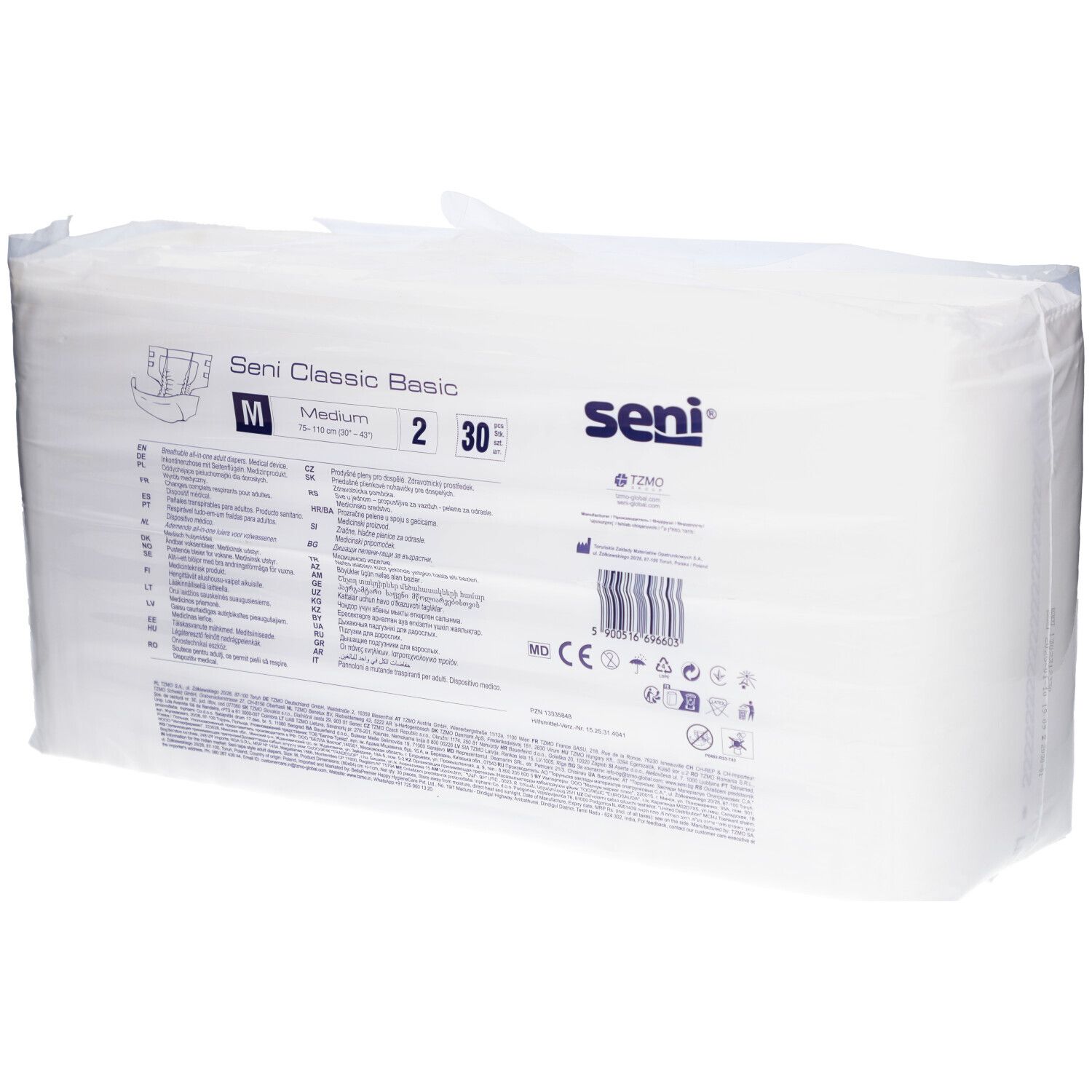 Verpackung Seni Classic Basic Inkontinenzhose. Größe M, 30 Stück. Seni-Logo und Produktabbildung.