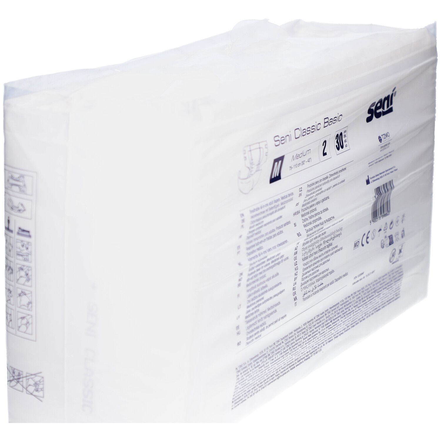 Verpackung Seni Classic Basic Inkontinenzhose. Größe M, 30 Stück. Seni-Logo und Produktabbildung.