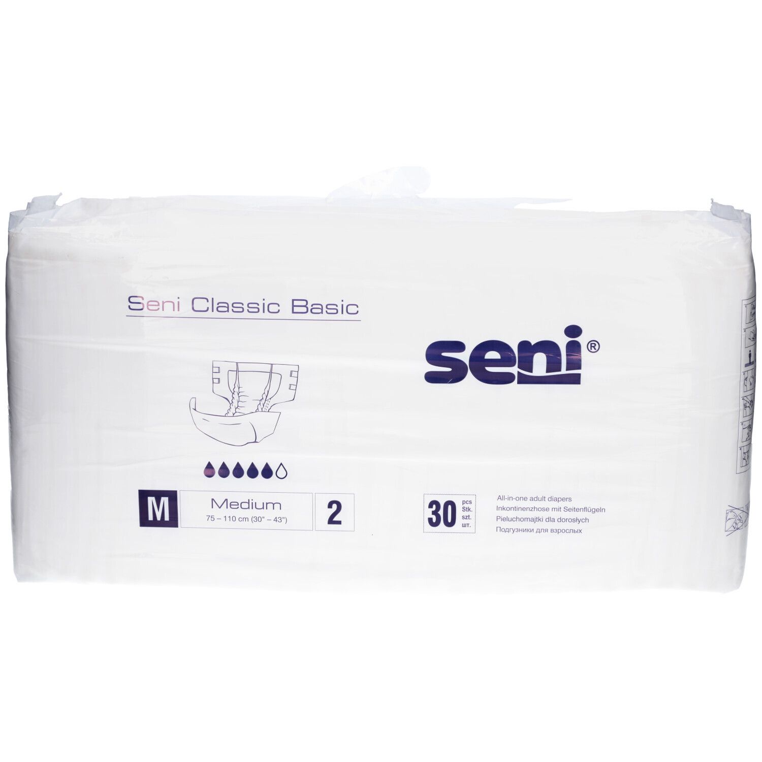 Verpackung Seni Classic Basic Inkontinenzhose. Größe M, 30 Stück. Seni-Logo und Produktabbildung.