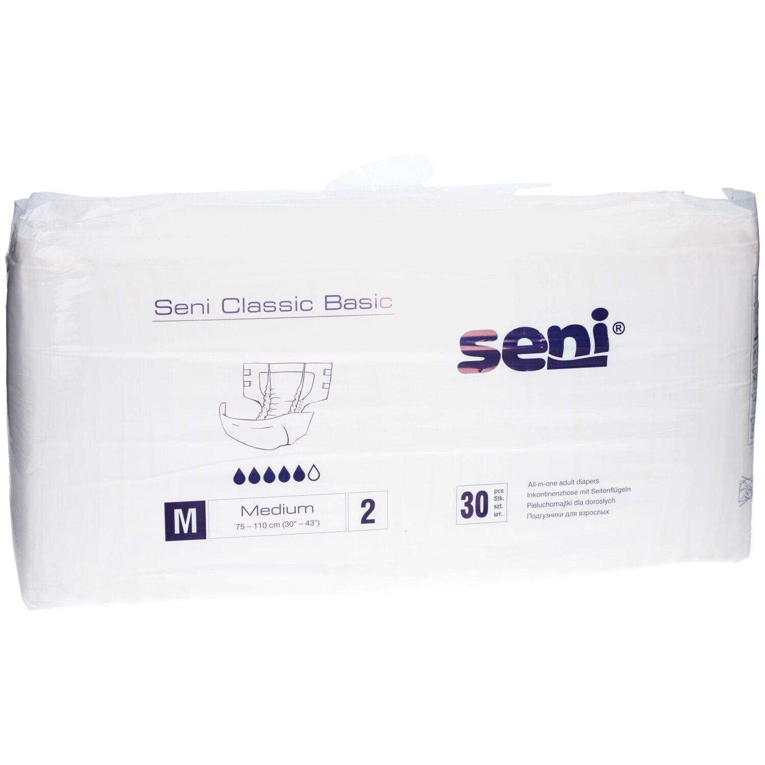 Verpackung Seni Classic Basic Inkontinenzhose. Größe M, 30 Stück. Seni-Logo und Produktabbildung.