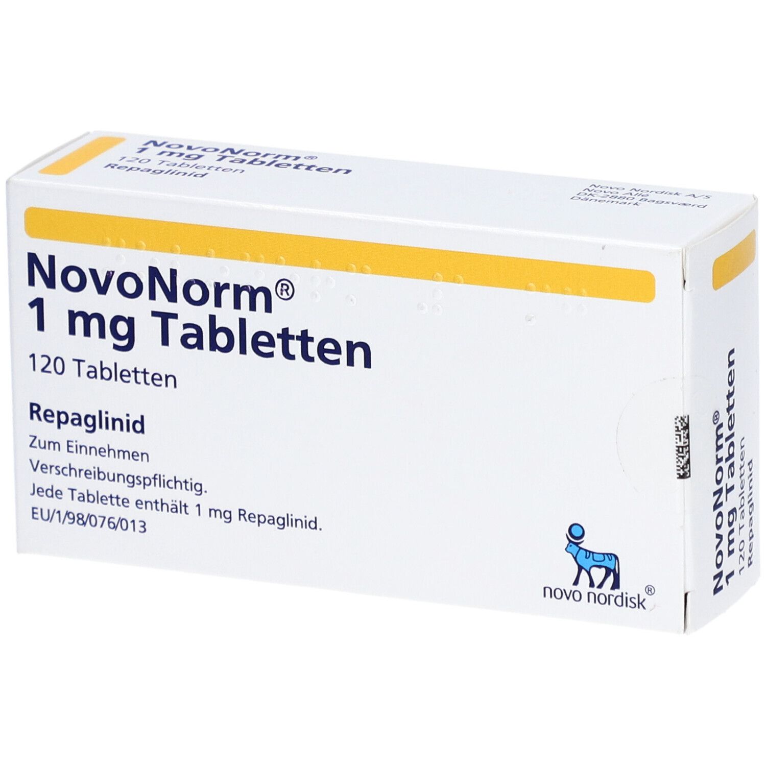 Weiße Schachtel mit gelben Akzenten. Aufschrift: NovoNorm 1 mg Tabletten, 120 Tabletten. Enthält Repaglinid. Logo Novo Nordisk.