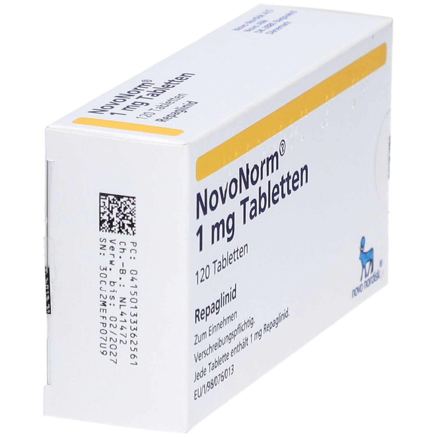 Schachtel NovoNorm 1 mg Tabletten, 120 Tabletten. Weiße Verpackung mit gelben Streifen. QR-Code und Herstellerinformationen.