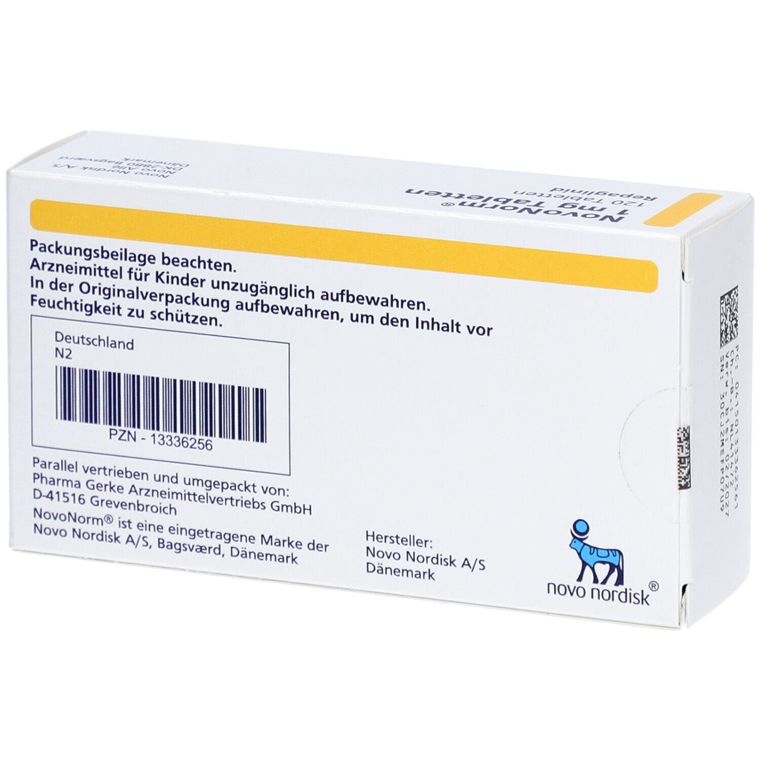 Rückseite der NovoNorm 1 mg Tabletten-Schachtel. Enthält Informationen wie PZN, Hersteller und Warnhinweise.