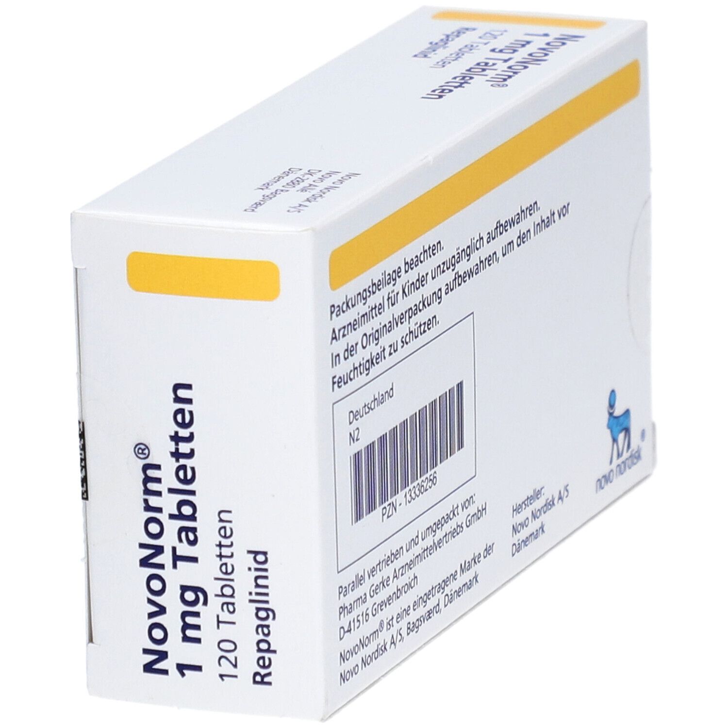 Schachtel NovoNorm 1 mg Tabletten, 120 Tabletten. Weiße Verpackung mit gelben Streifen. Herstellerinformationen und Logo.