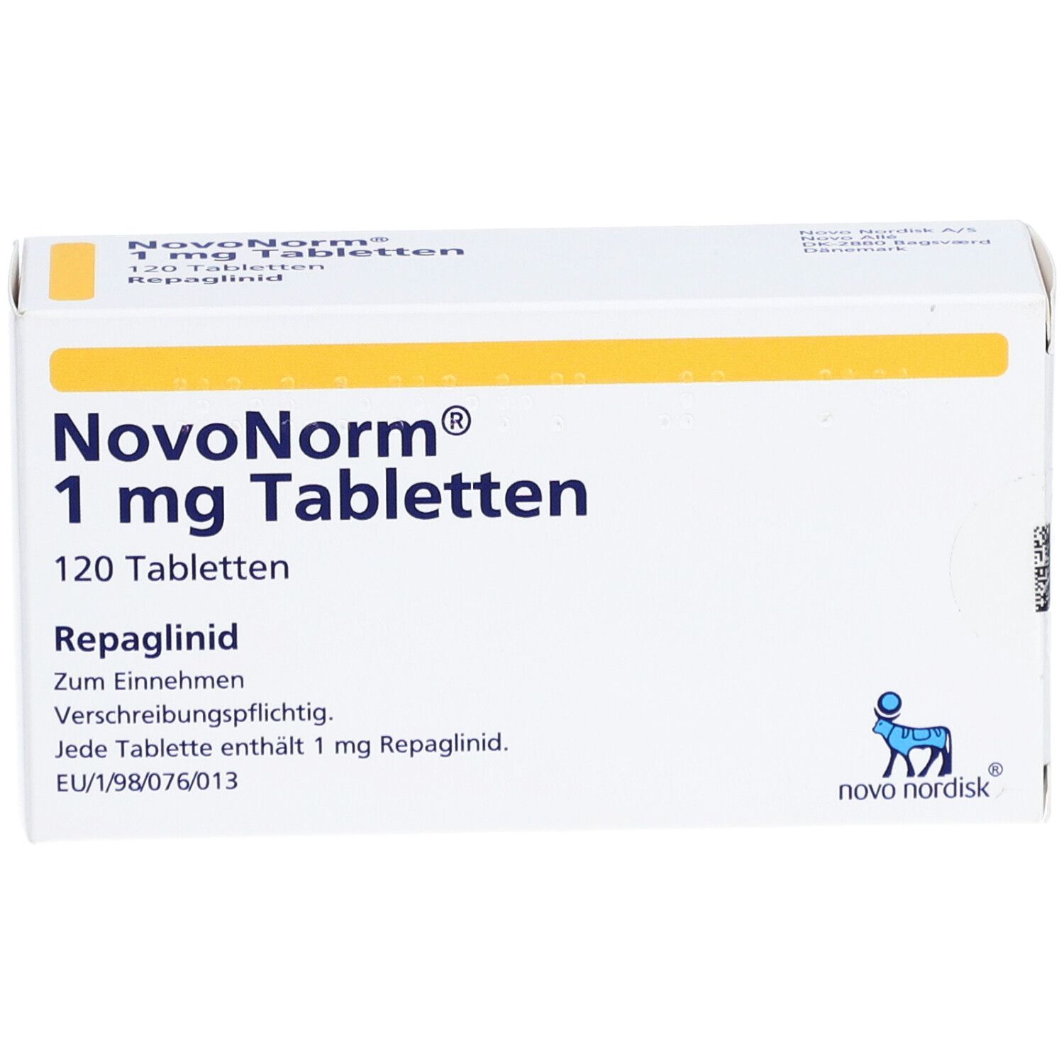 Weiße Schachtel mit gelben Akzenten. Aufschrift: NovoNorm 1 mg Tabletten, 120 Tabletten. Enthält Repaglinid. Logo Novo Nordisk.