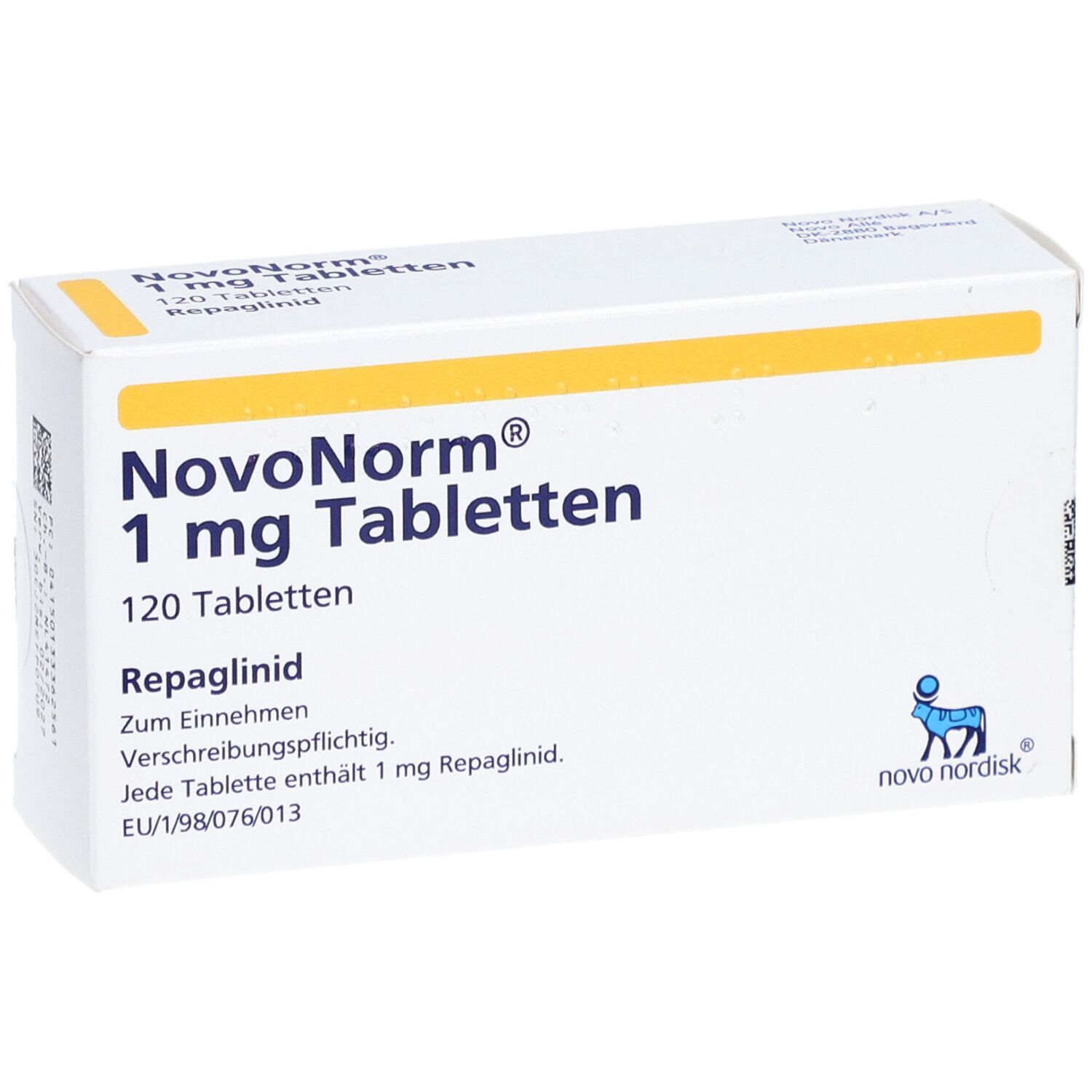 Weiße Schachtel mit gelben Akzenten. Aufschrift: NovoNorm 1 mg Tabletten, 120 Tabletten. Enthält Repaglinid. Logo Novo Nordisk.