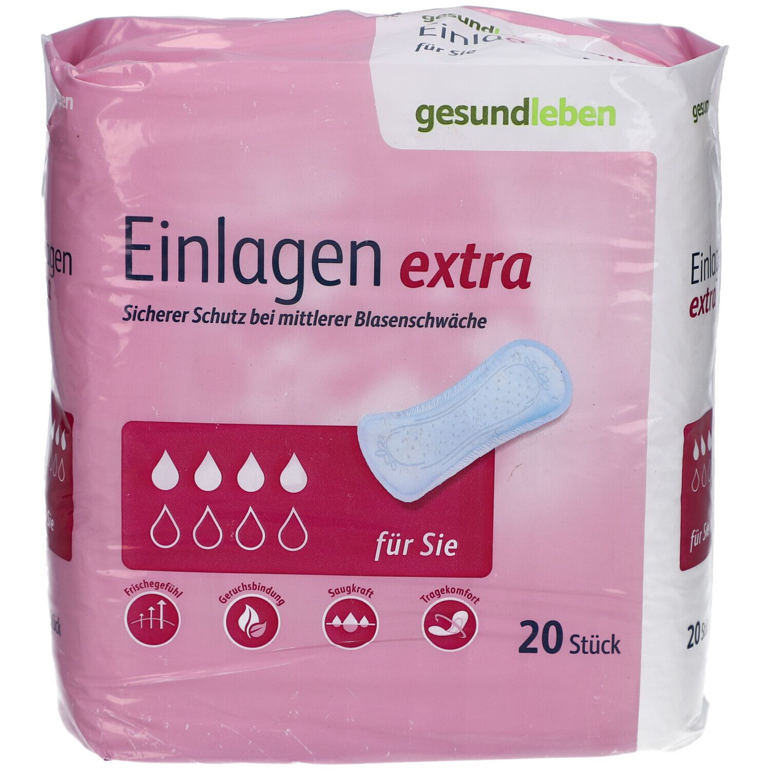 Rosa Verpackung mit Einlagen extra. Logo gesund leben. 20 Stück. Produktabbildung und Tropfensymbol.