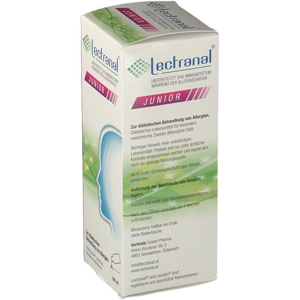 Rückseite der Lectranal Junior Verpackung. Text über Anwendung und Inhaltsstoffe. 100 ml.