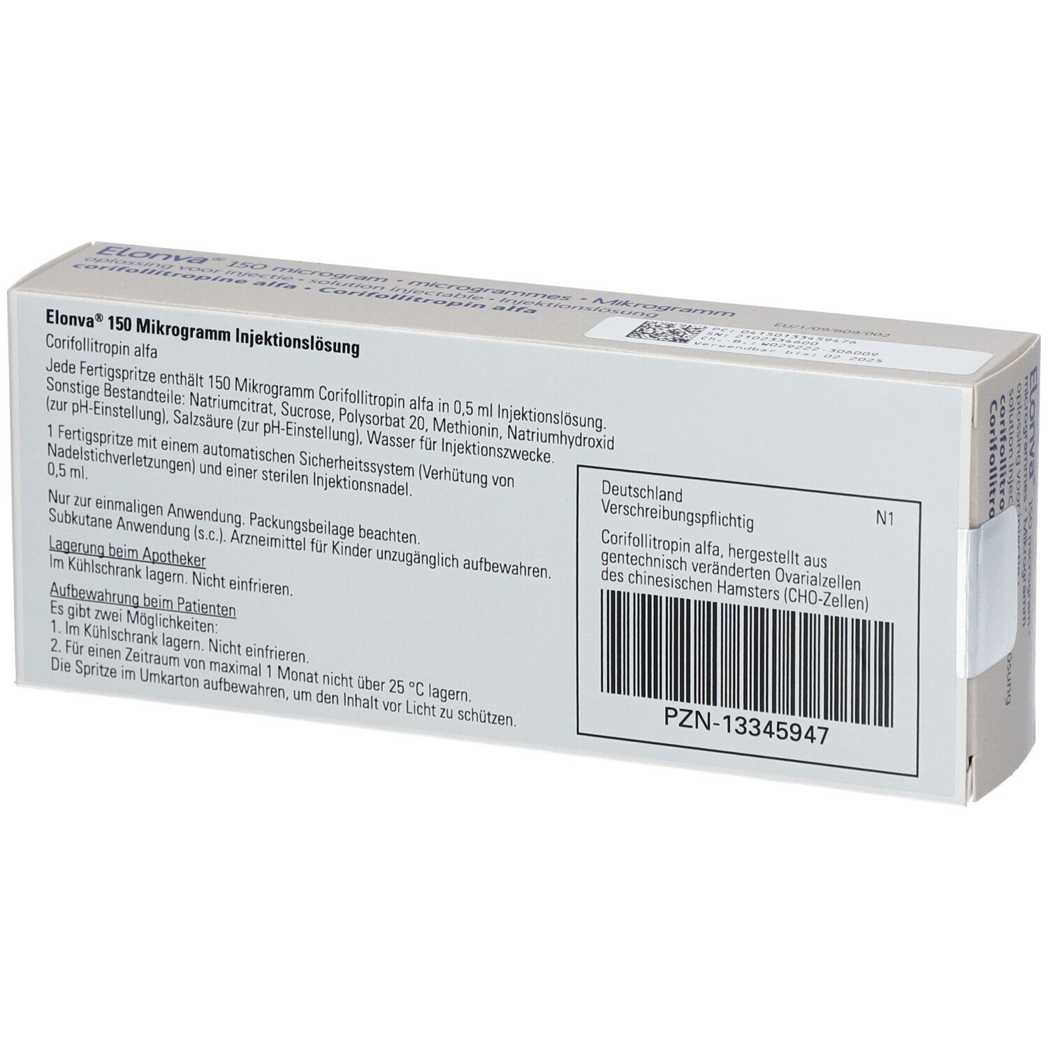 Rückseite der ELONVA-Verpackung. Text in Deutsch. Barcode und PZN-Nummer.