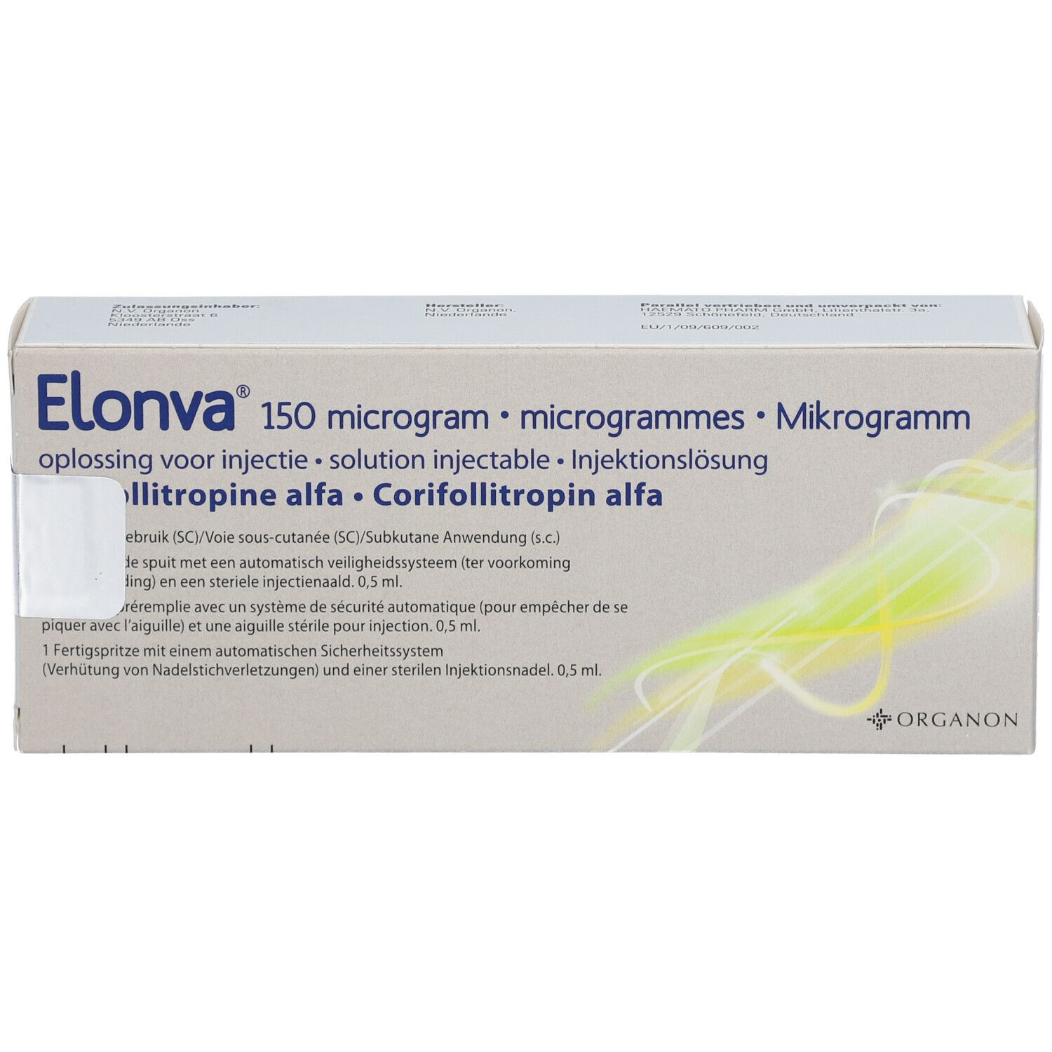 ELONVA 150 Mikrogramm Verpackung. Text in mehreren Sprachen. Organon-Logo rechts unten.