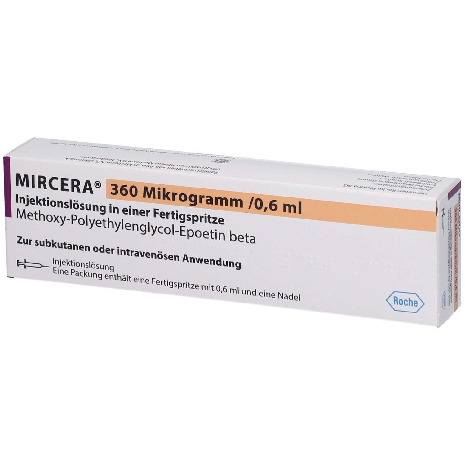 Schachtel mit Produktinformationen. Aufschrift: MIRACERA® 360 Mikrogramm /0,6 ml. Injektionslösung in Fertigspritze. Enthält eine Fertigspritze und eine Nadel.