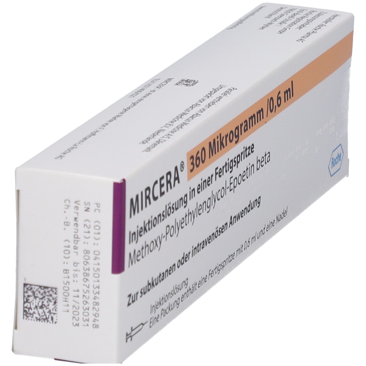 Schräg gestellte Produktverpackung. Aufschrift: MIRACERA® 360 Mikrogramm /0,6 ml. Injektionslösung in Fertigspritze. Enthält eine Fertigspritze und eine Nadel.