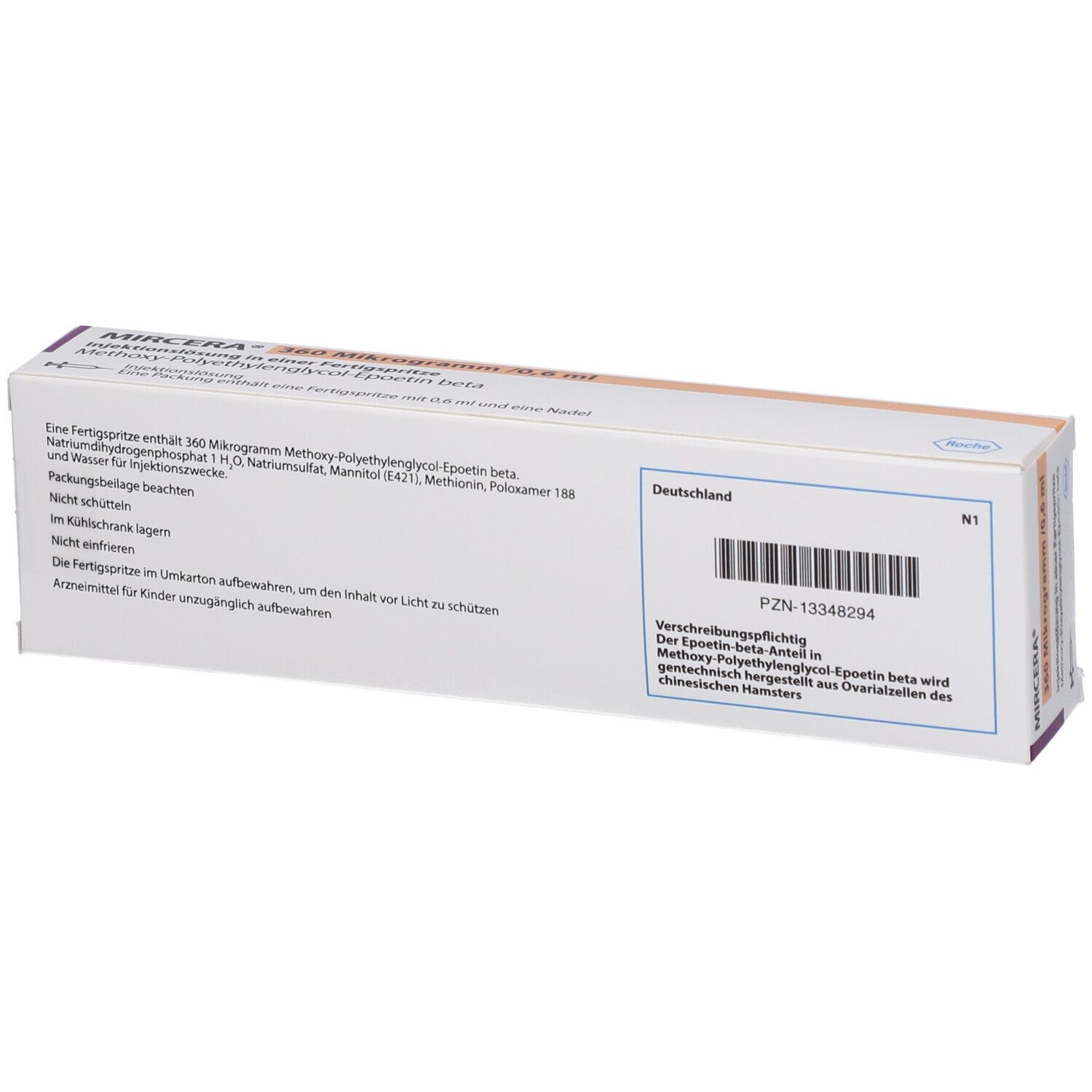 Rückseite der Produktverpackung. Textinformationen und Barcode. Hersteller: Roche. PZN-13348294. Enthält Informationen zur Anwendung und Inhaltsstoffen.