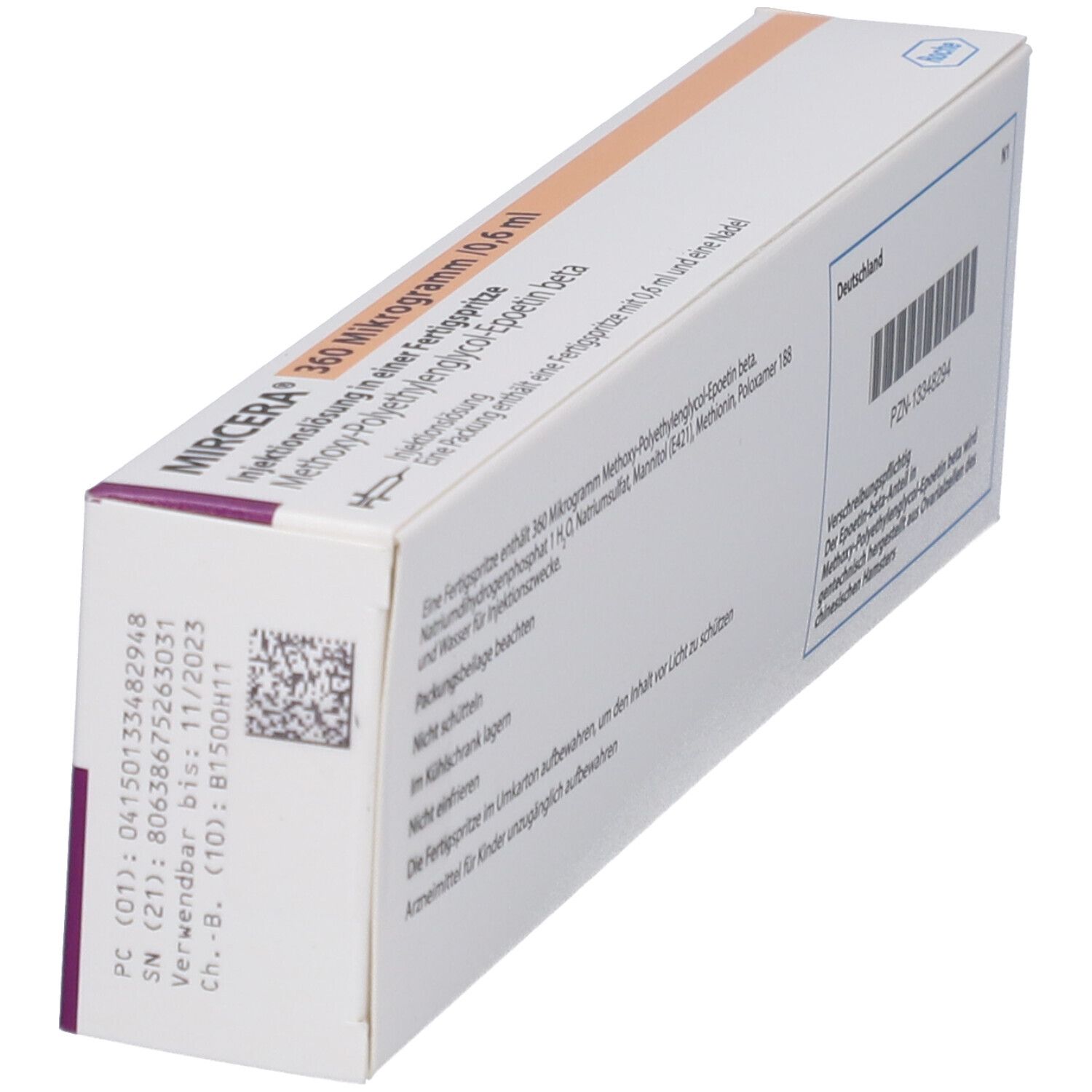 Schräg gestellte Produktverpackung. Rückseite mit Text und Barcode. Hersteller: Roche. PZN-13348294. Enthält Informationen zur Anwendung und Inhaltsstoffen.