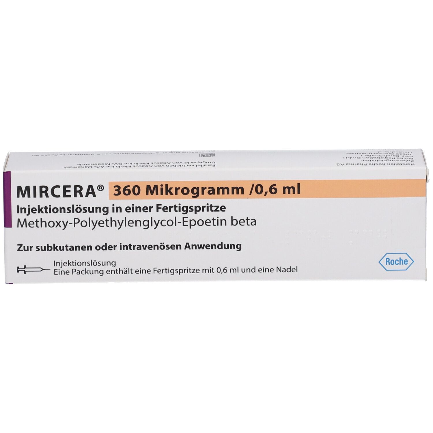 Produktverpackung mit Aufschrift: MIRACERA® 360 Mikrogramm /0,6 ml. Injektionslösung in Fertigspritze. Enthält eine Fertigspritze und eine Nadel.