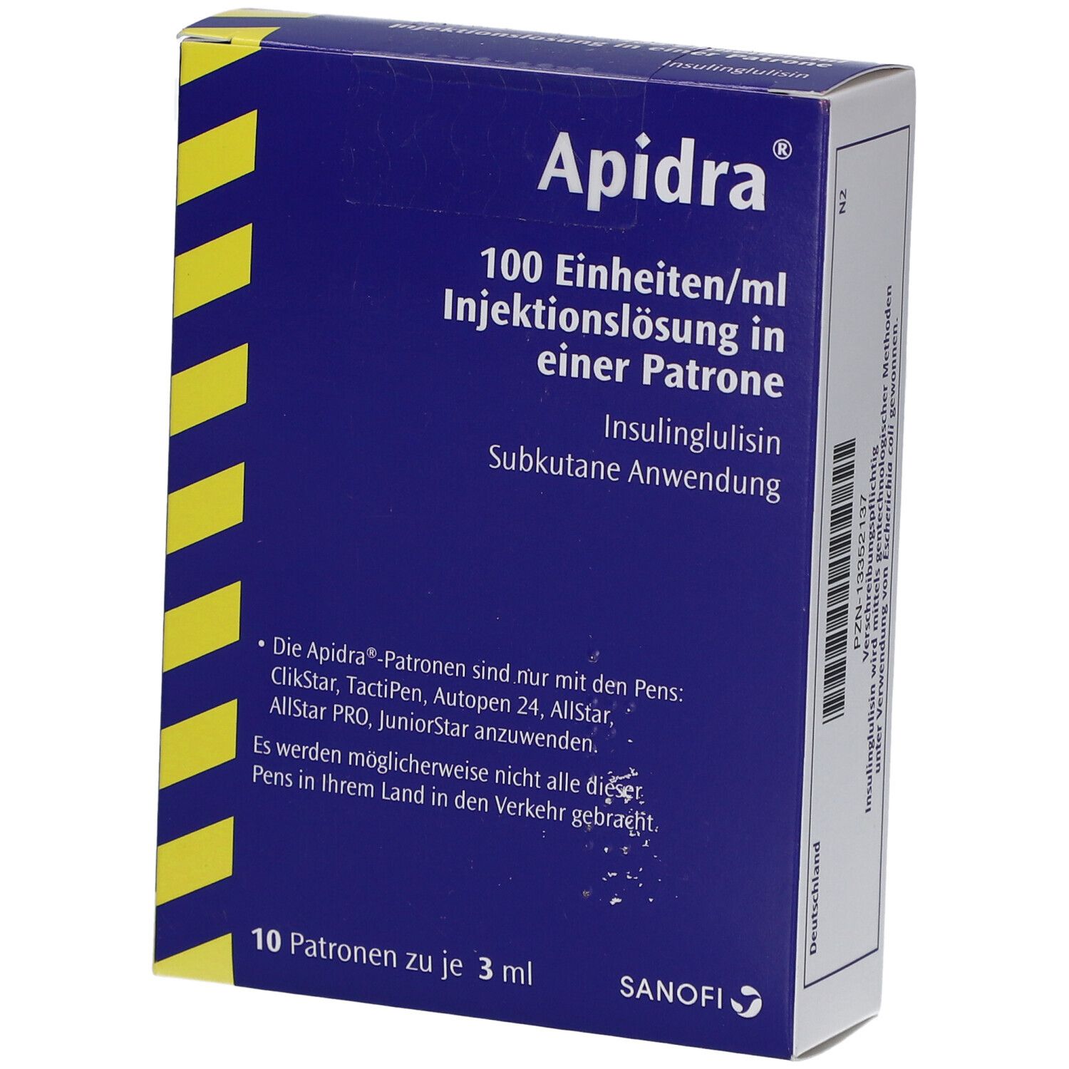 Blau-gelbe Schachtel mit Aufschrift 'Apidra'. Enthält 10 Patronen. Text: 100 Einheiten/ml Injektionslösung in einer Patrone.