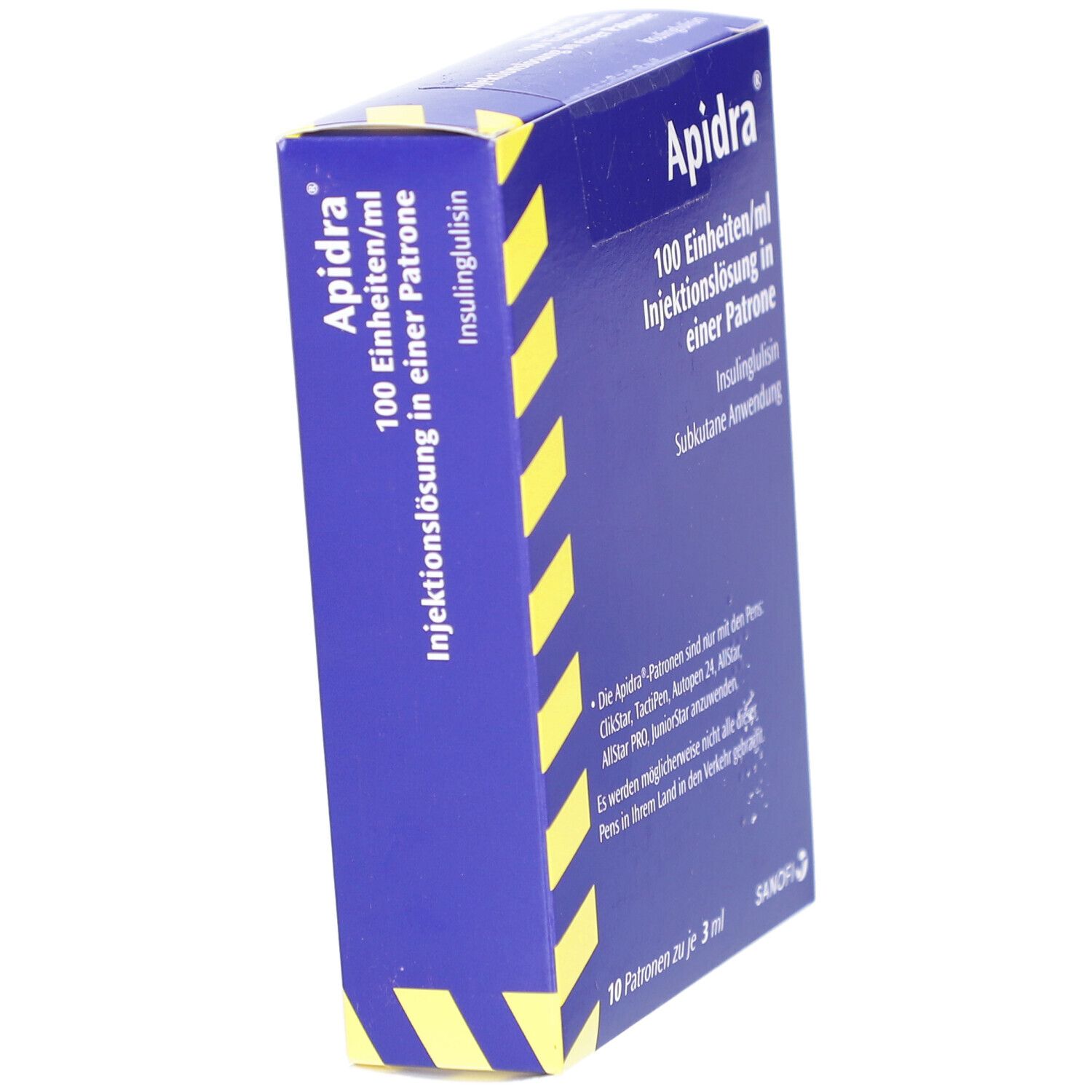 Schachtel mit 'Apidra' Aufdruck. Blaue Vorderseite, gelbe Streifen. Text: 100 Einheiten/ml Injektionslösung in einer Patrone.
