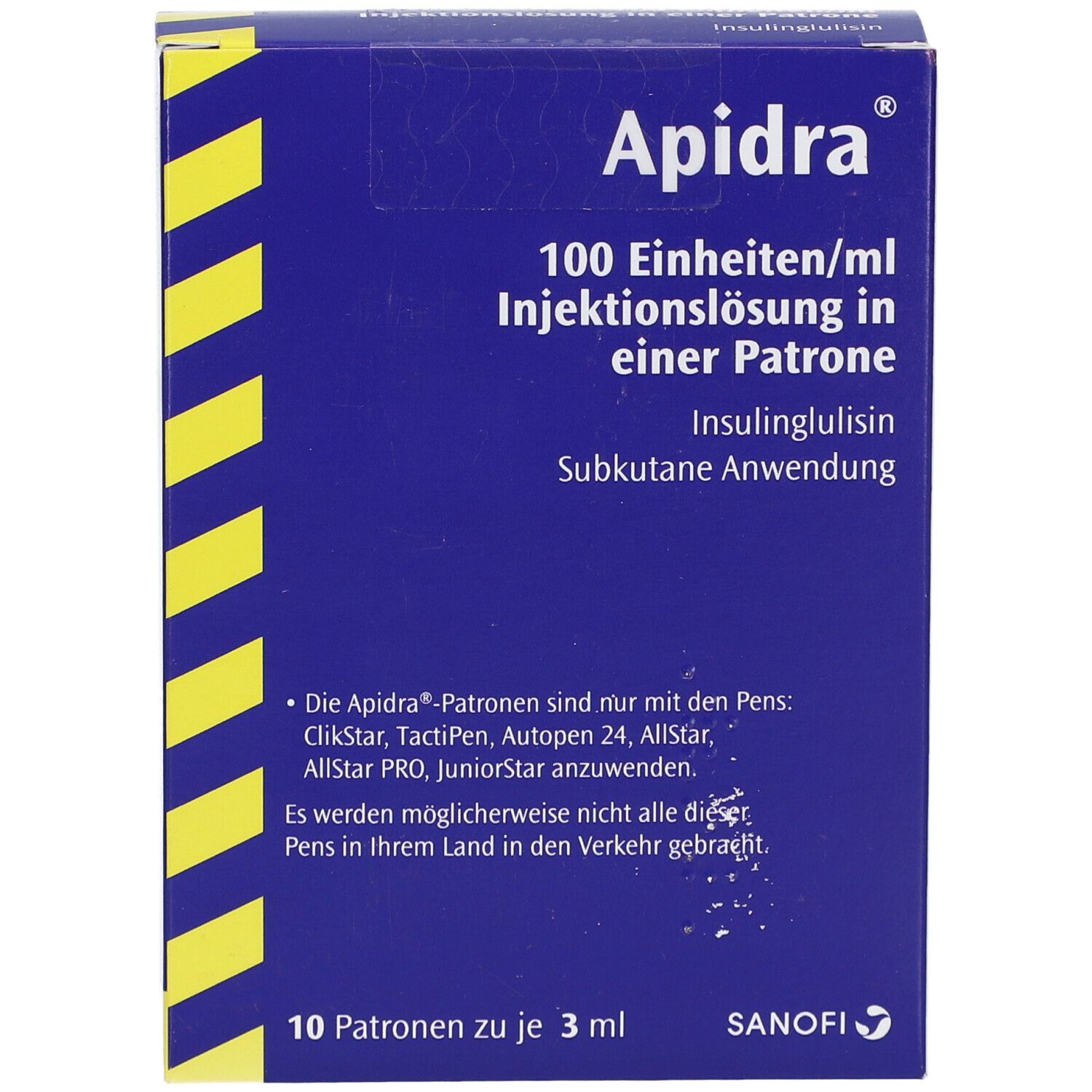 Blaue Schachtel mit gelben Streifen. Aufschrift 'Apidra'. Text: 100 Einheiten/ml Injektionslösung in einer Patrone. 10 Patronen.