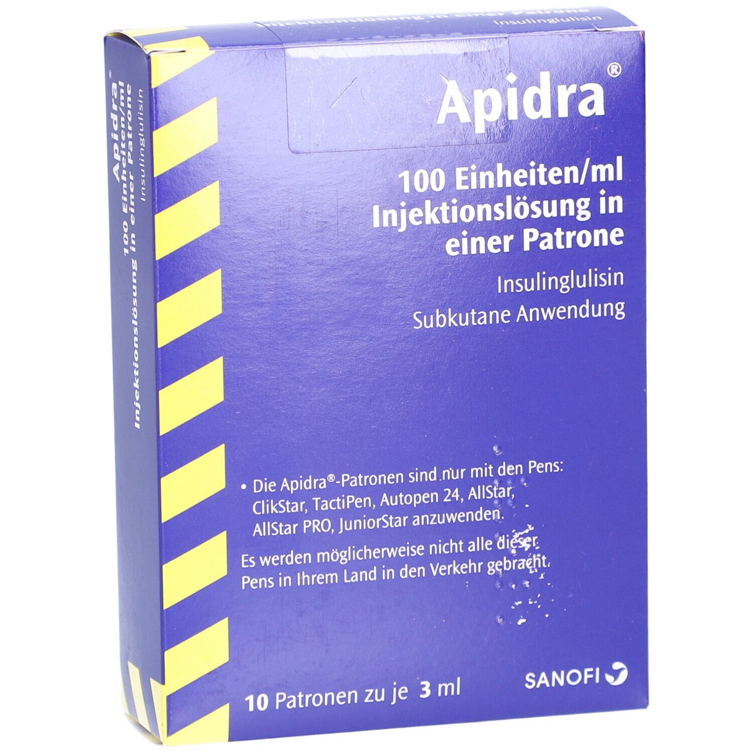Blaue Schachtel mit gelben Streifen. Aufschrift 'Apidra'. Text: 100 Einheiten/ml Injektionslösung in einer Patrone. 10 Patronen.