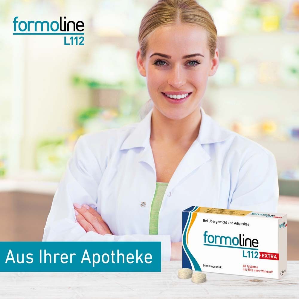 Apothekerin mit formoline L112 EXTRA. Schachtel mit formoline L112 EXTRA, 48 Tabletten. Medizinprodukt.