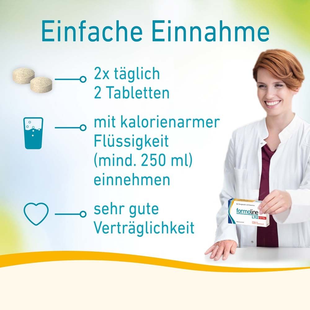 Grafik mit Einnahmehinweisen. 2x täglich 2 Tabletten. Mit kalorienarmer Flüssigkeit. Sehr gute Verträglichkeit.