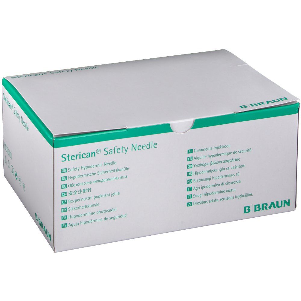 Verpackung von Sterican® Safety Needle. Weißer Karton mit grünen Akzenten und mehrsprachiger Beschriftung. B. Braun Logo.