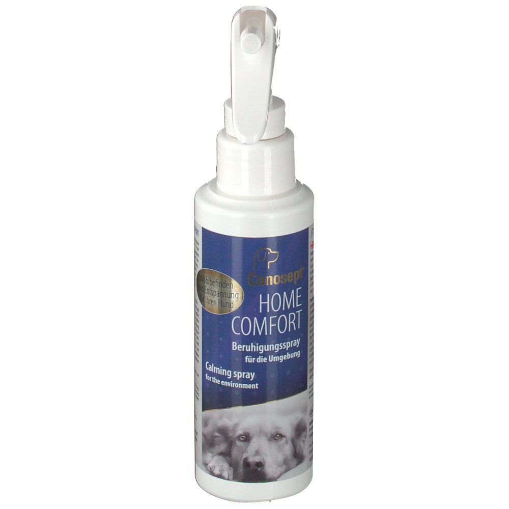 Weiße Sprühflasche mit blauem Etikett. Text: HOME COMFORT, Beruhigungsspray für die Umgebung. Abbildung von Hunden.