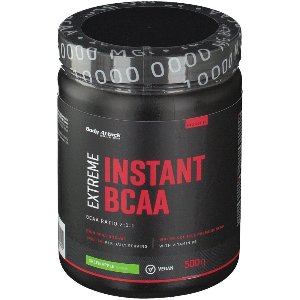 Schwarze Dose mit roter und weißer Schrift. Aufschrift: Extreme Instant BCAA, Green Apple. Vegan-Siegel. 500g.