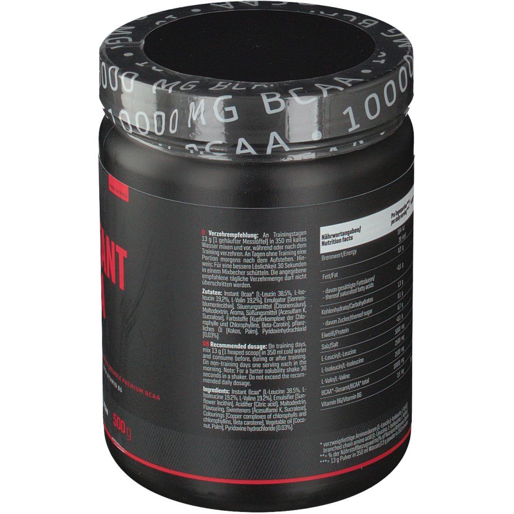 Schwarze Dose mit Text. Aufschrift: Instant BCAA, Nährwertangaben, Zutaten. Vegan-Siegel. 500g.
