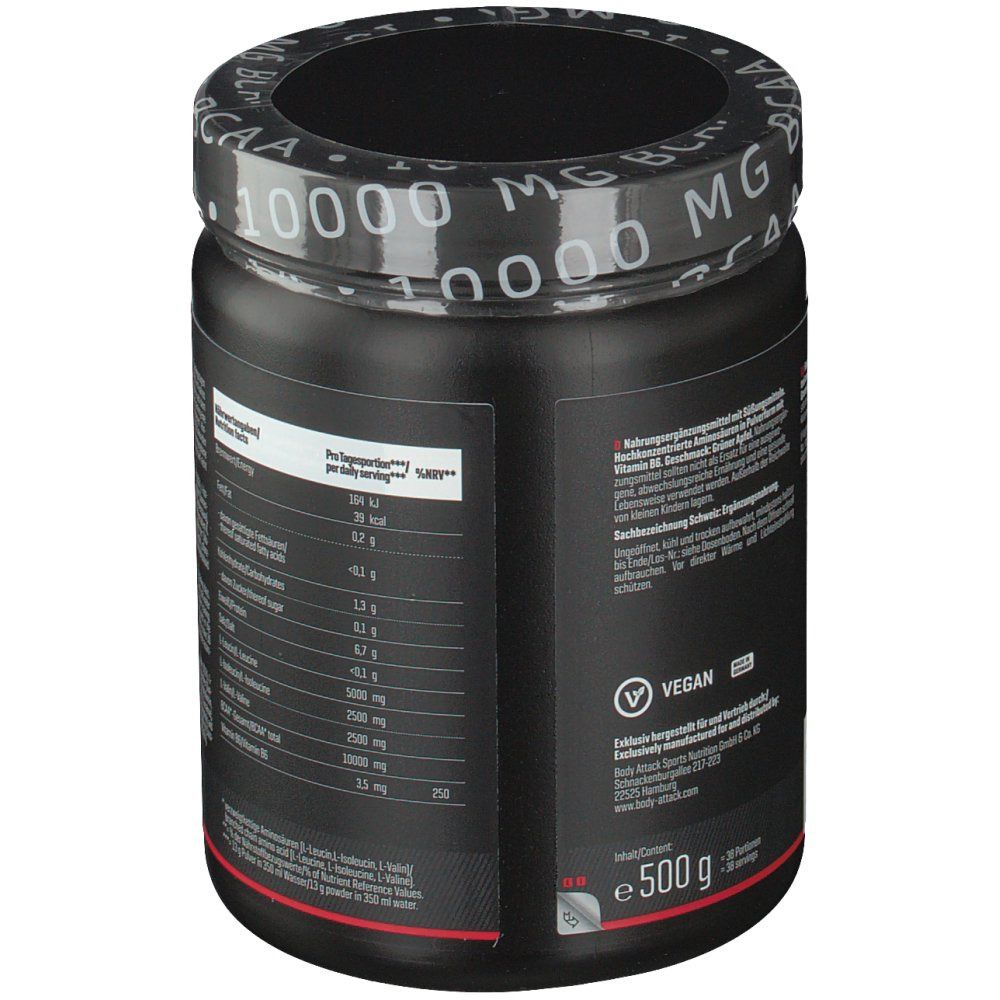 Schwarze Dose mit Text. Aufschrift: Nährwertangaben, Vegan-Siegel. 500g. Schwarzer Deckel mit weißer Schrift: 10000 MG BCAA.