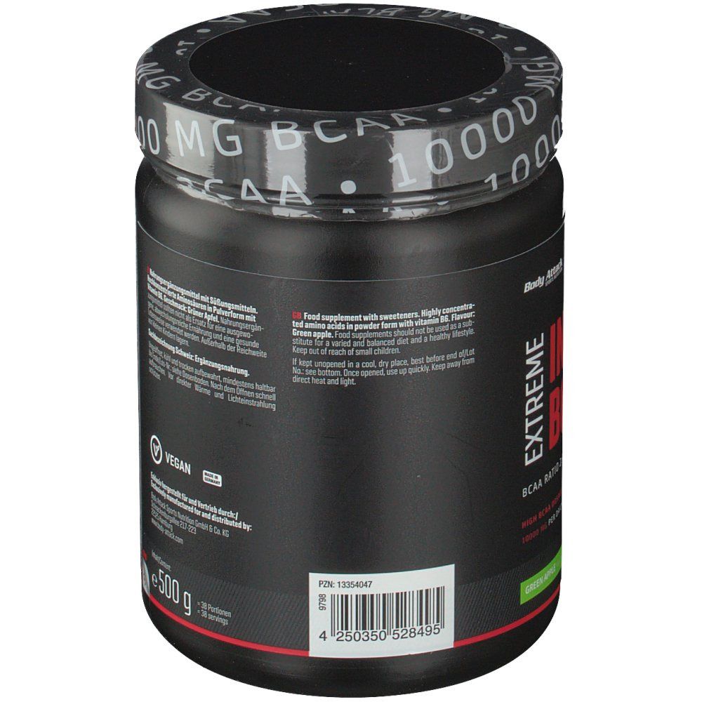 Schwarze Dose mit Text. Aufschrift: Instant BCAA, Vegan-Siegel. 500g. Schwarzer Deckel mit weißer Schrift: 10000 MG BCAA.