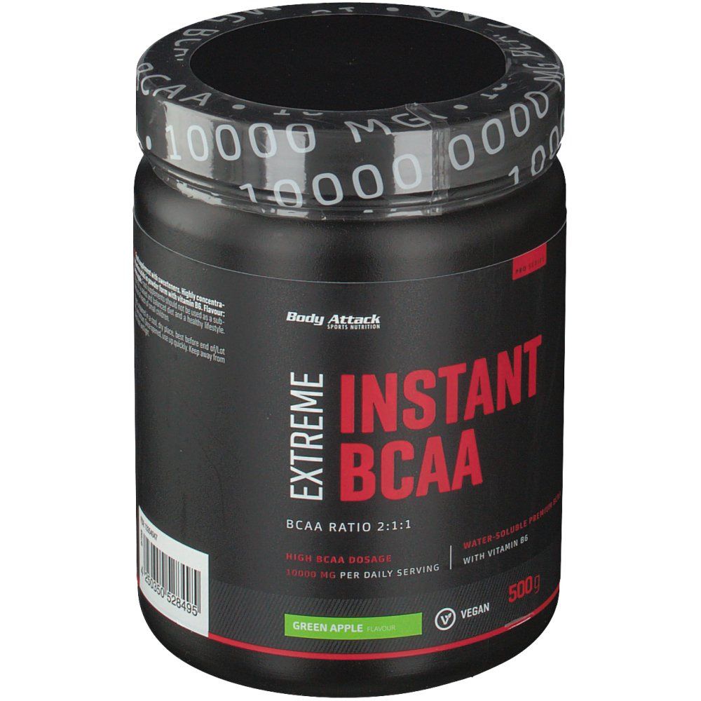Schwarze Dose mit roter und weißer Schrift. Aufschrift: Extreme Instant BCAA, Green Apple. Vegan-Siegel. 500g.