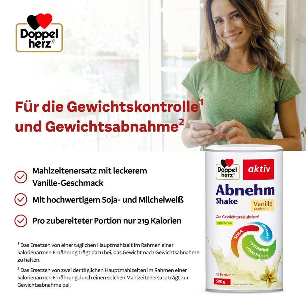 Frau mit Dose Doppelherz aktiv Abnehm Shake Vanille, 500g. Text: Für die Gewichtskontrolle und Gewichtsabnahme. Mahlzeitenersatz.