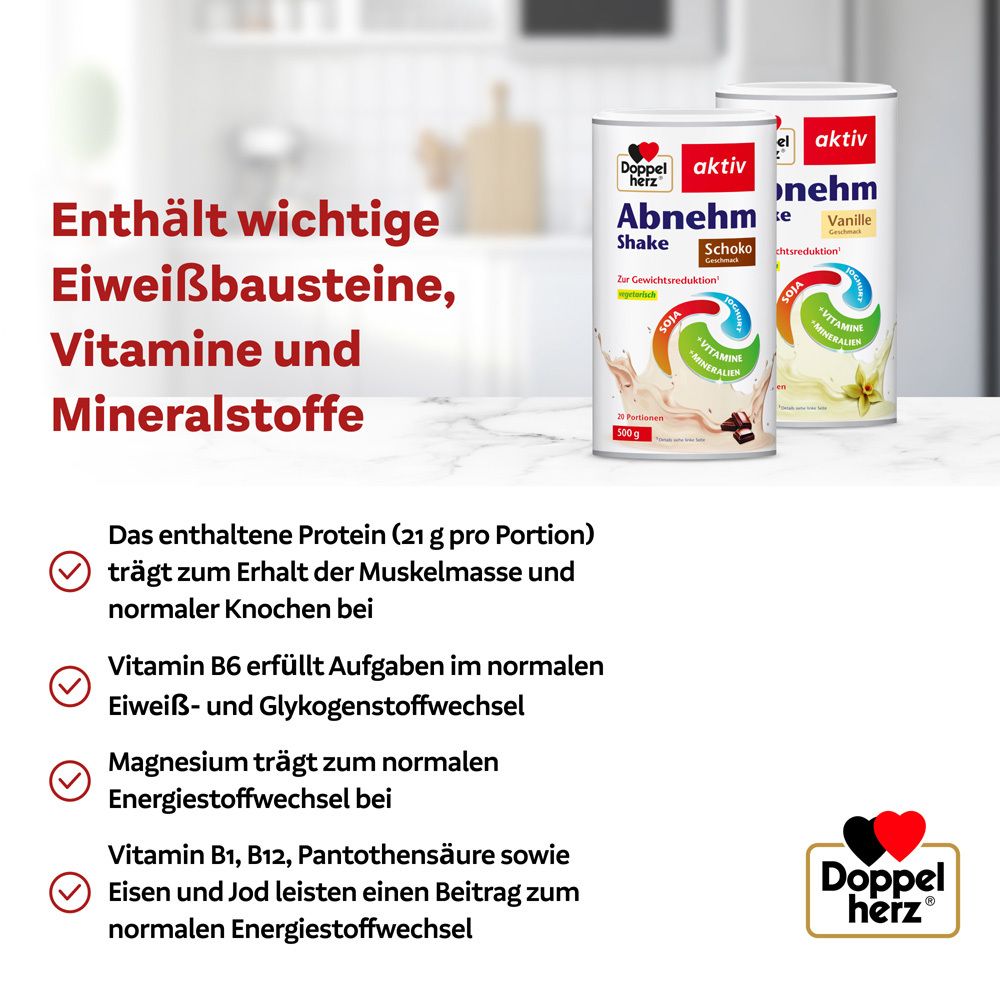 Zwei Dosen Doppelherz aktiv Abnehm Shake. Text: Enthält wichtige Eiweißbausteine, Vitamine und Mineralstoffe. Protein, Vitamine, Magnesium.