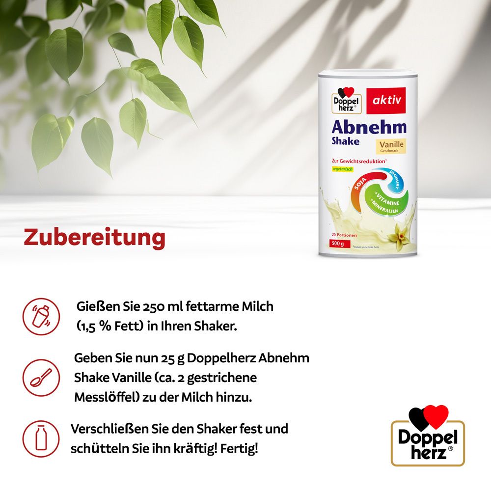 Anleitung zur Zubereitung des Doppelherz aktiv Abnehm Shake Vanille. 250 ml fettarme Milch, 25 g Shake. Kräftig schütteln.