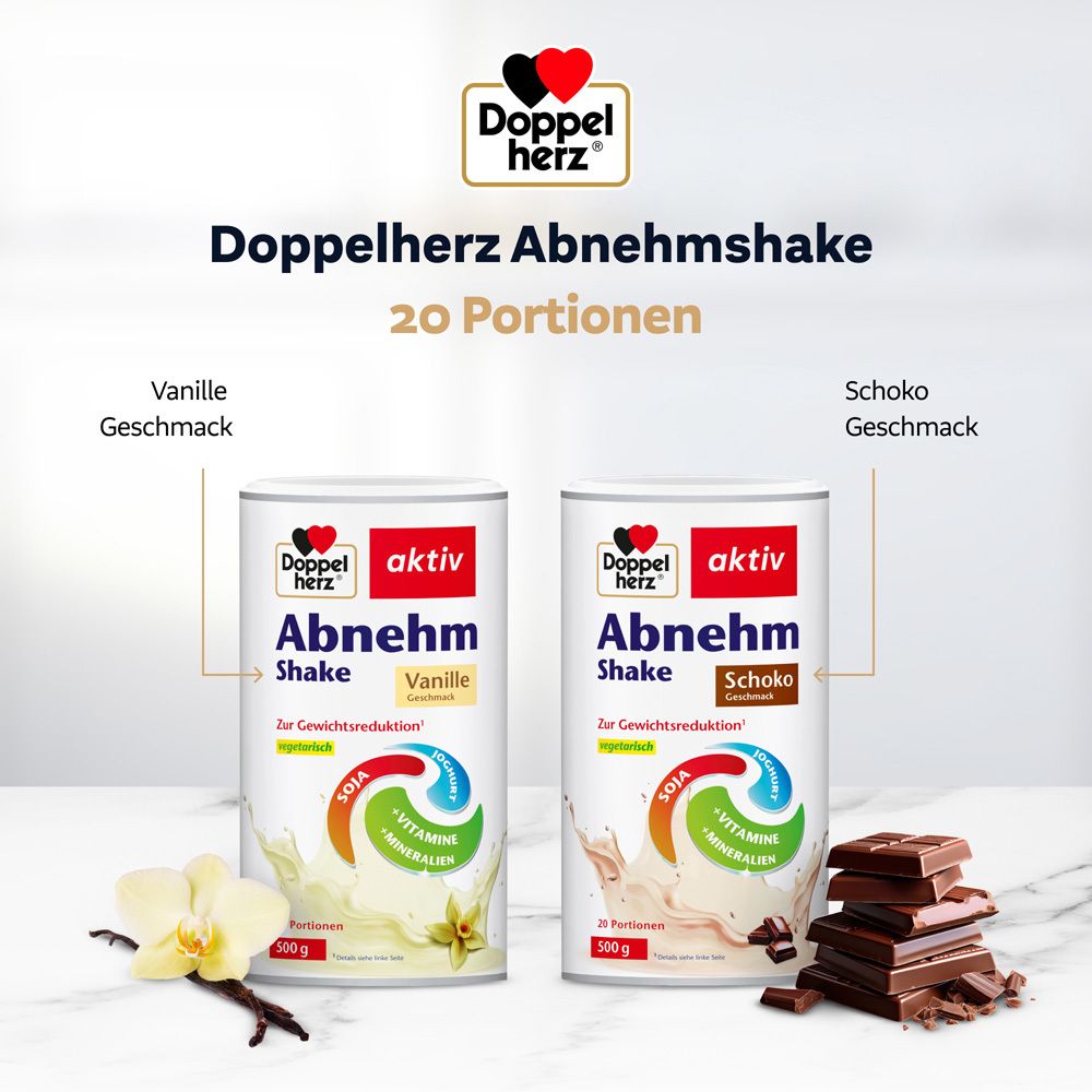 Zwei Dosen Doppelherz aktiv Abnehm Shake, Vanille und Schoko. 20 Portionen. Vanille mit Vanilleblüte, Schoko mit Schokostücken.