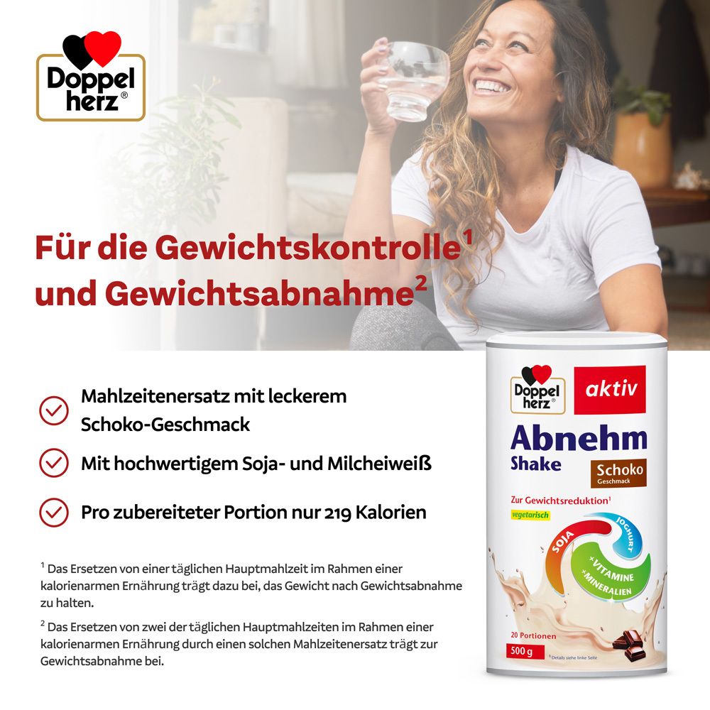 Frau mit Glas Wasser und Dose Doppelherz Abnehm Shake Schoko. Text: Für die Gewichtskontrolle und Gewichtsabnahme.