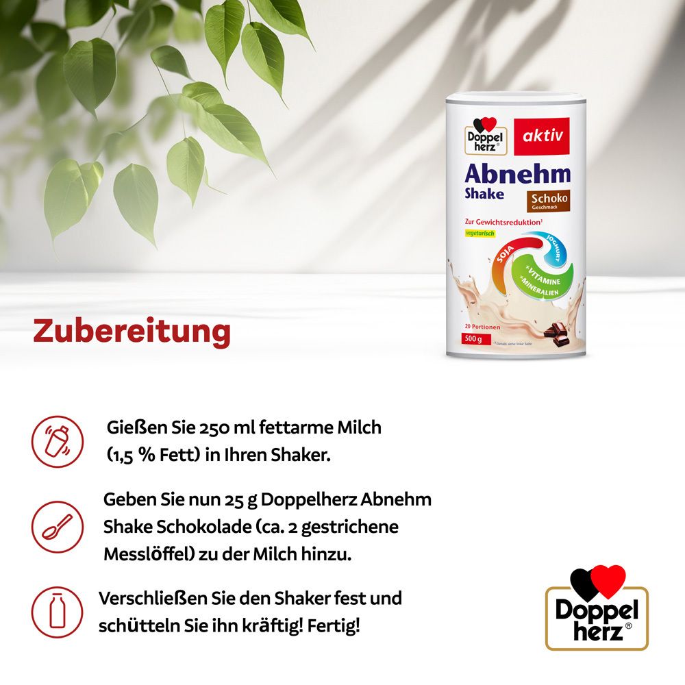 Anleitung zur Zubereitung des Doppelherz Abnehm Shake Schoko. 250 ml fettarme Milch, 25 g Pulver in Shaker geben, schütteln.